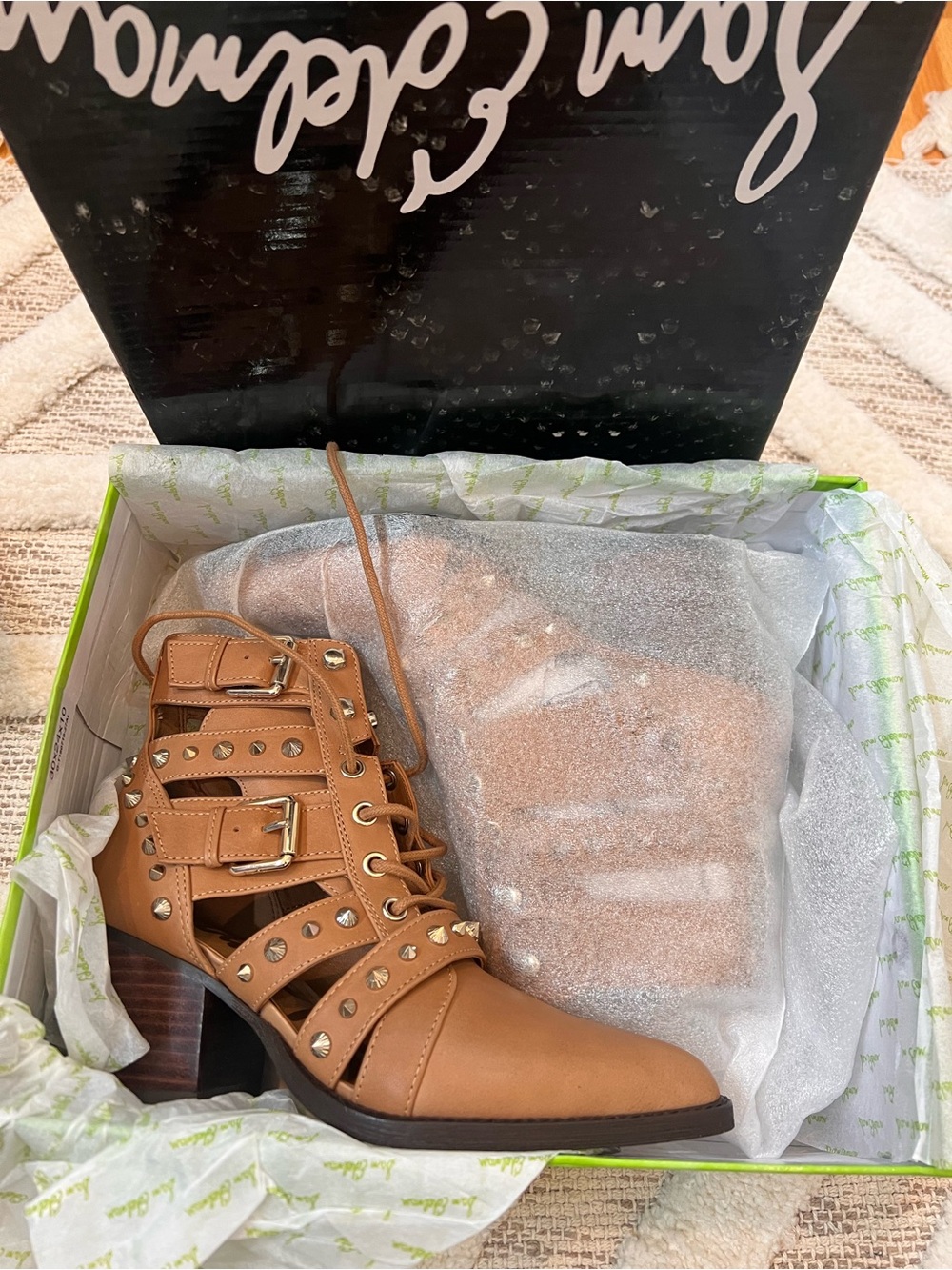 Sam Edelman NIB Camel Studded Cutout Leather Block Heel Ankle Boot Tan Size 5